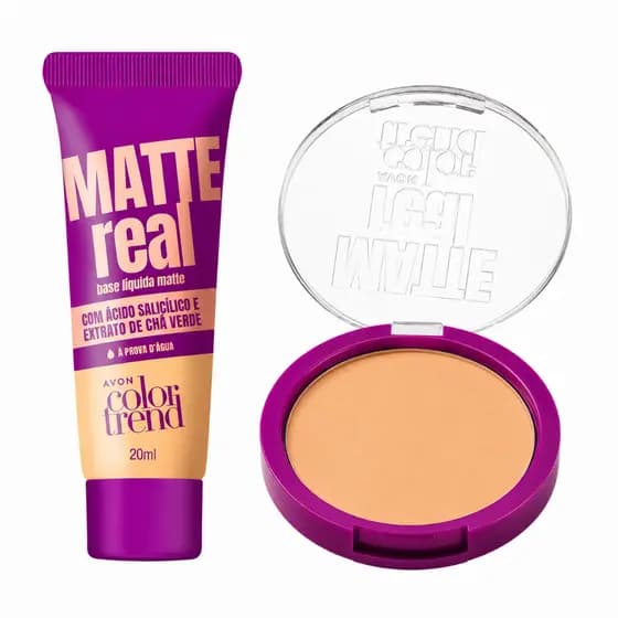 Kit Base Líquida Matte Real + Pó Compacto Facial Avon 7g
