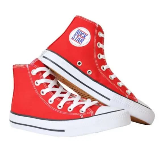Tênis Feminino E Masculino Vermelho Cano Alto Rock Star Tradicional Tecido Premium Confortável