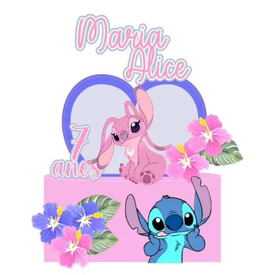 Topo Topper de Bolo Stitch e Angel - Personalizado com Nome e Idade - já vai montado palito / entrega super rápido