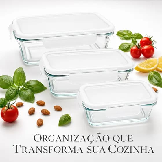 Kit 3 Potes Vidro Com Tampa Marmita Forno Microondas 370ml + 640ml + 1040ml Organizador Armazenar Alimento Comidas