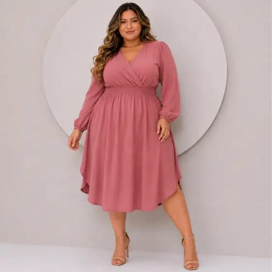 Vestido Plus Size Confortável Manga Longa Decote em V Elegante Festa Midi