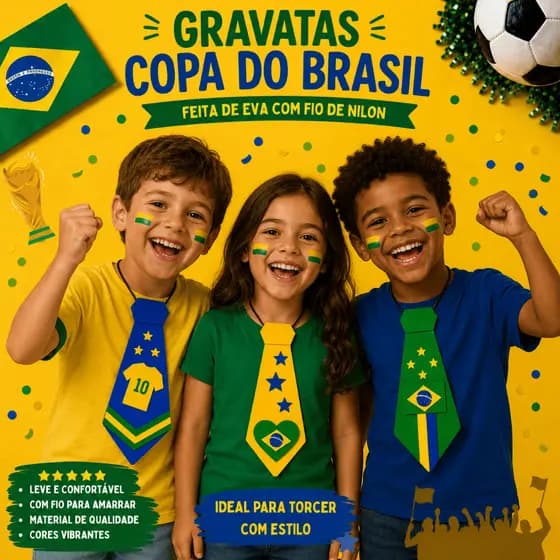 Gravata Copa do Mundo Brasil para Torcida Torcedor Amarelo Verde Azul Troféu Taça
