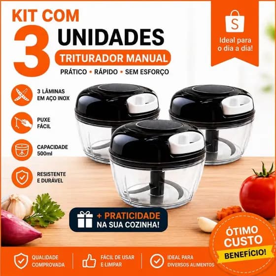 Triturador Manual de Alimentos 500ml Grande Processador Cozinha Premium Cortador Alho Cebola