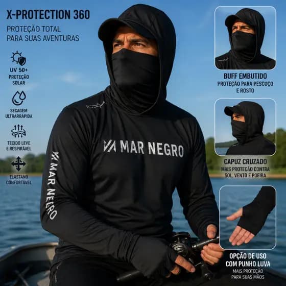 Camisa De Pesca Mar Negro X-Protect 360o Capuz Buffer 50 UPF Camiseta Blusa Com Proteção Solar