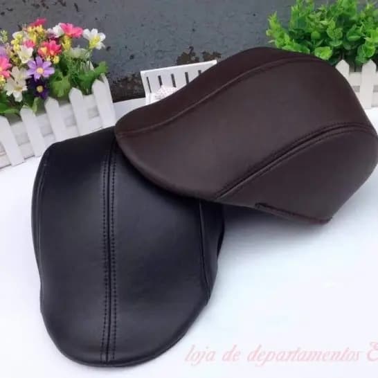 SQ CHAPEU/BOINA MASCULINO LISA-Boinas Estilo Lnverno Touca Boné Couro Preta E Marrom