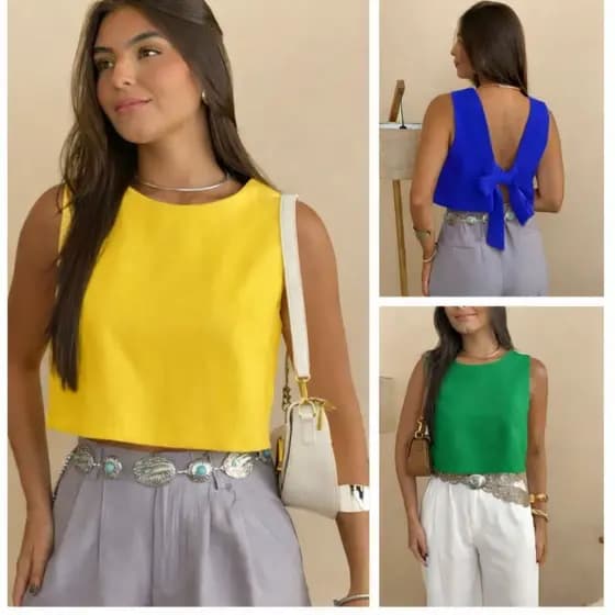 BLUSA CROPEDD TOP FEMININA ELEGANTE DUNA, COM COSTA ABERTA CON LAÇO NA COSTA
