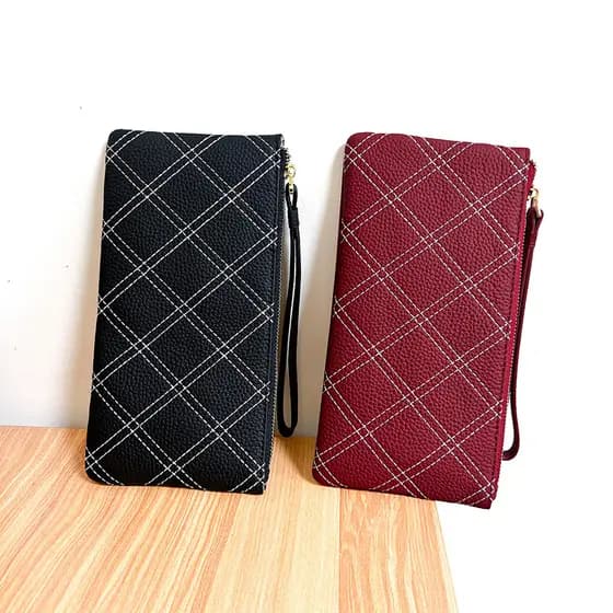 Primeira camada de couro bordado linha dupla diamante carteira longa senhoras moda estilo fino zíper embreagem moeda bol