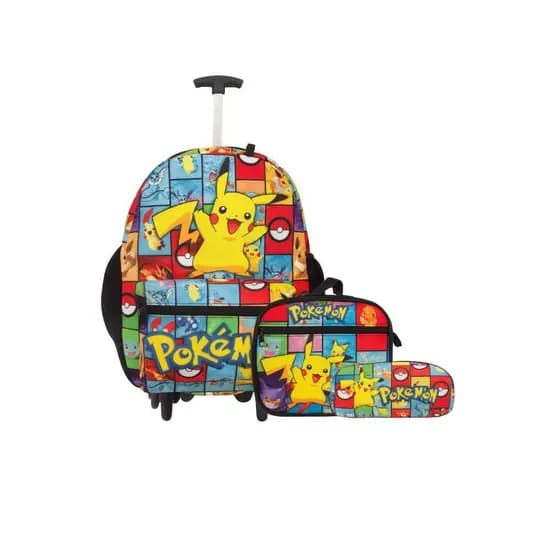 Kit Mochila de Rodinha Pokémon Infantil Escolar Grande + Estojo + Lancheira Térmica Volta as aulas