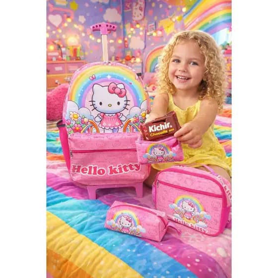Kit Mochila Escolar de Rodinhas Da Hello Kitty menina + lancheira térmica +estojo