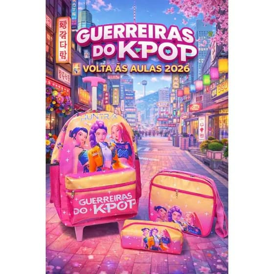 Kit Mochila de Rodinha Guerreiras do KPOP Huntrix 3 Peças Kit Menina