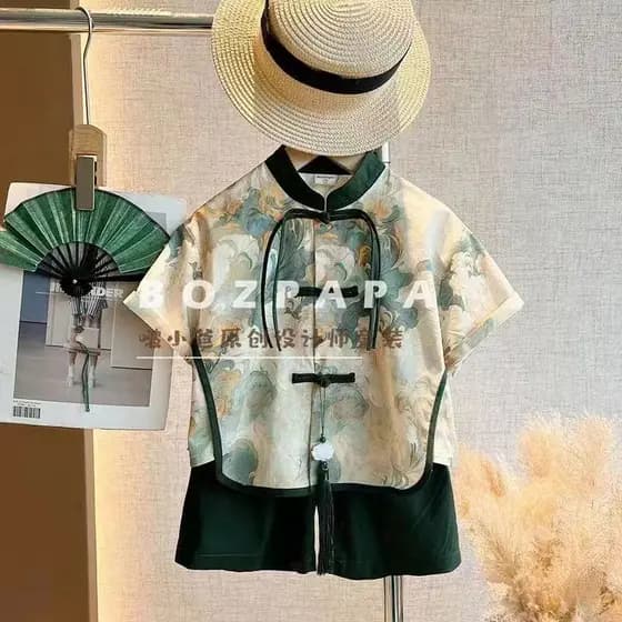 Meninos Hanfu terno botão camisa de manga curta Shorts antigo crianças dois conjuntos novo estilo chinês#男童汉服套装盘扣短袖衬衫短裤古