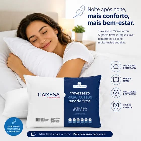 Travesseiro Camesa Micro Cotton Ergosoft Hotel hipoalergênico Suporte Firme Toque Macio Algodão