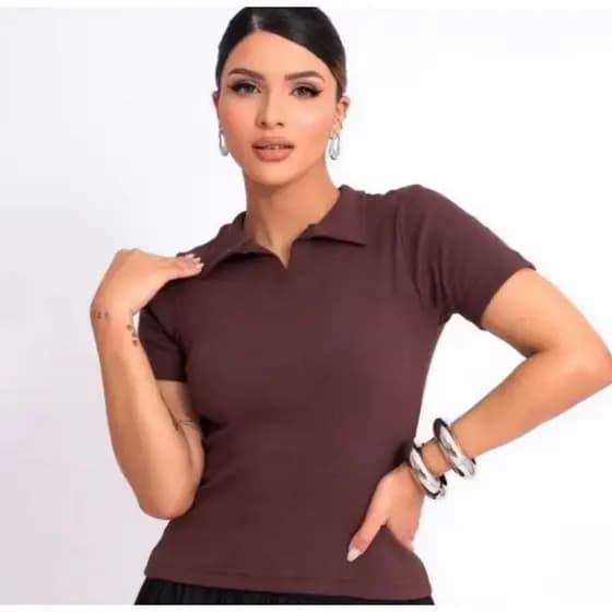 BLUSA GOLA POLO MODA FEMININA BÁSICO CASUAL SOCIAL TRABALHO RIBANA ALGODÃO MANGUINHA VERÃO DIA A DIA ELEGANTE
