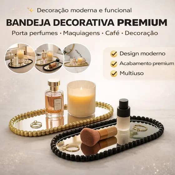 Bandeja Decorativa de Mesa Dourada ou Preta Porta Objetos de Beleza e Café Moderna Premium