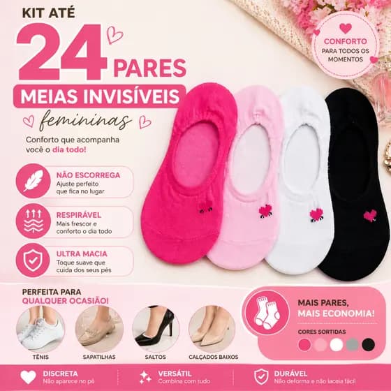 Kit Até 24 Pares de Meias Invisivel Curta Soquetes Confortaveis Uso Para o Dia a Dia Feminina