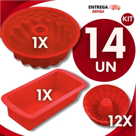 Jogo 14 Formas de Silicone -1 Forma Pão,1Forma Bolo ou Pudim, 12 Forminhas Cupcake Forma Silicone