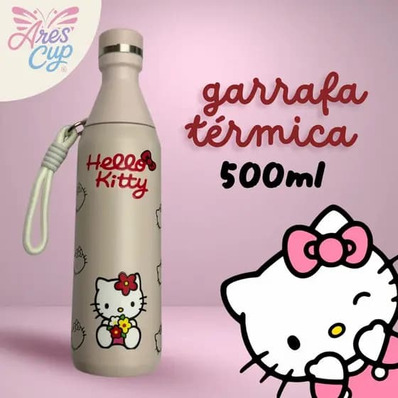 Garrafa Térmica Aço Inoxidável Hello Kitty Fresh Com Alça Portátil Estampada DTFUV 500ml