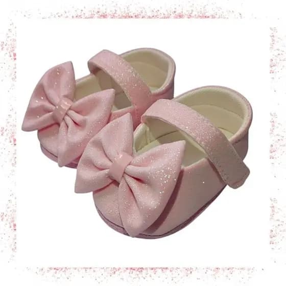 Sapatilha Infantil Para Menina Glitter Laço Rosa Para Bebes Menina Sapatinhos De Bebes Brilho