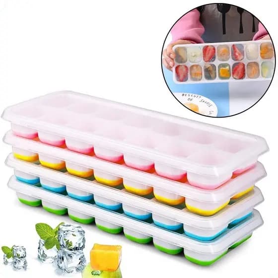 Kit 4 Formas de Gelo Silicone com Tampa Forma de Gelo Cubo Grande Desenformar Fácil Drinks Sucos
