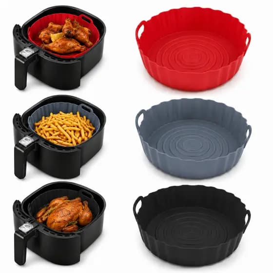 KIT 3 Forma De Silicone Redonda Para Air Fryer Forno Microondas Fritadeira Assadeira Reutilizável Antiaderente Flexível