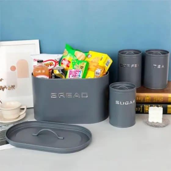 Kit porta-pão e porta-mantimentos em ferro cinza 4 peças