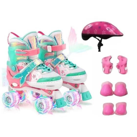 Patins Infantil Roller 4 Rodas Sereia Rosa/Verde Ajustável Leds Nas Rodinha COM OU SEM KIT