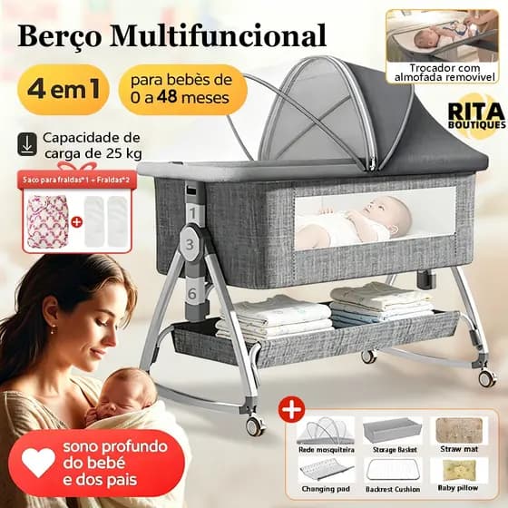 Berço Moisés Portátil Com Mosquiteira Até 25kg 6 Posições Altura E Inclinação De Ajuste Função De Balanço Cinza