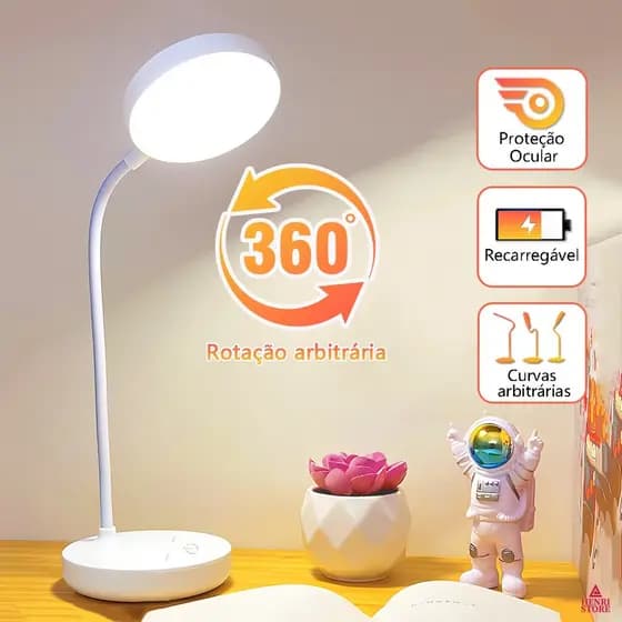 Luminária LED Recarregável Design Que Não Ágride Os Olhos Ájustável Em 360° 3 Cores De Luz TD05
