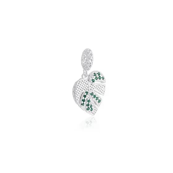 Berloque 3D Folha Zirconias Verdes Prata 925 2,1cm