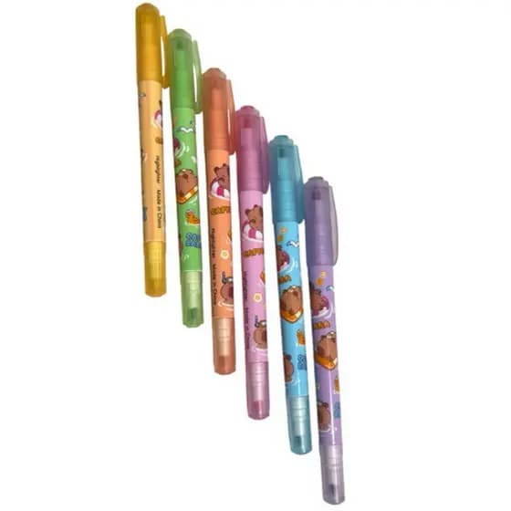Canetinha Capivara 6 Cores HightLighter Kit Escolar Caneta Capybara Canetinha Duas Pontos