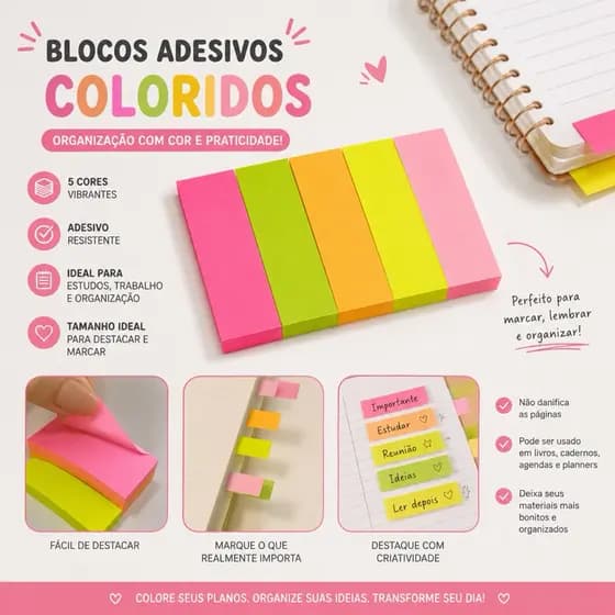 Kit Blocos Adesivos Colorido Para Anotações – Papel Autoadesivo Removível Posts Para Colar No Caderno Lembretes
