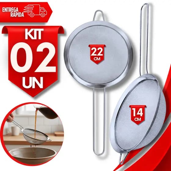 Combo Peneira Coador Inox 22 E14Cm Polvilhar Escorrer Farinhas Sucos Utilidades Utensílios Cozinha