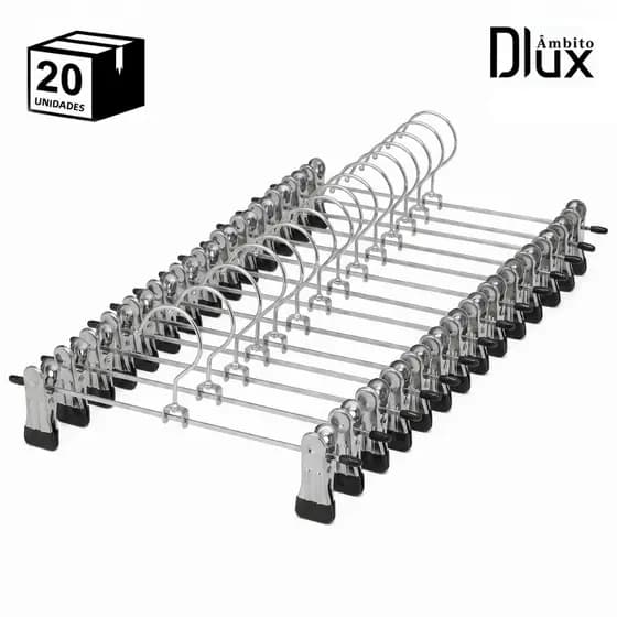 Ambito Dlux Kit 20 Cabides com Presilha Metal Cromado Premium para Calças Saia Bermuda