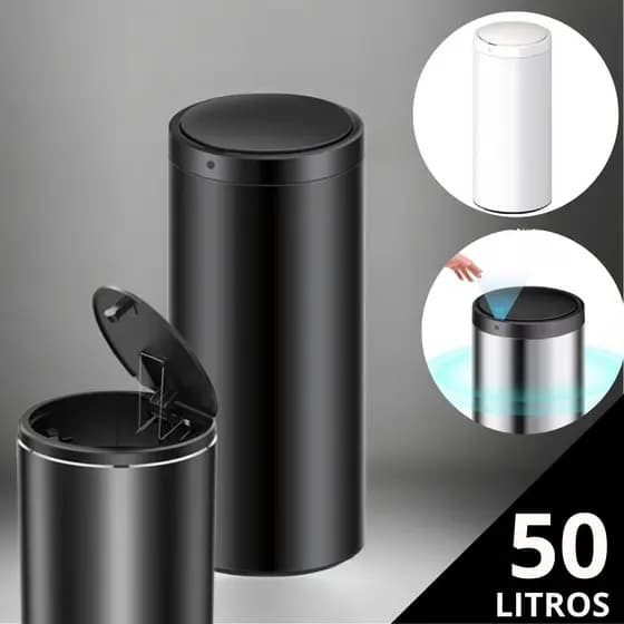 Lixeira Automática Lixo Com Sensor Inteligente de Proximação Aço Inox Redonda Grande 50L Cesto Multiuso Cozinha Banheiro