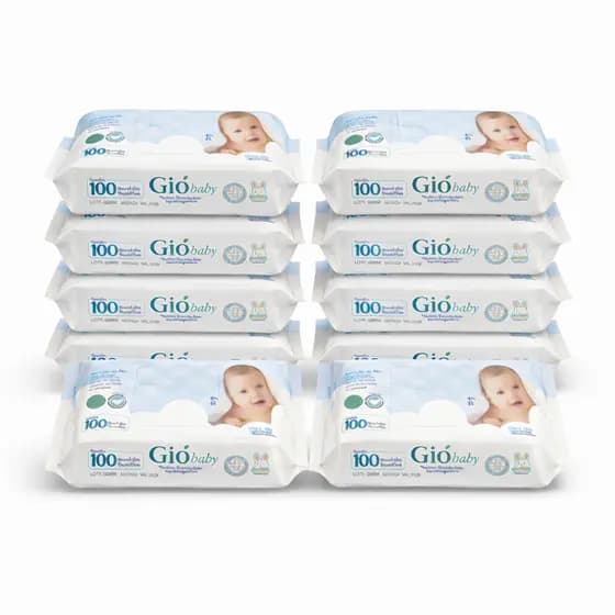 Caixa 10 Pacotes Lenços Umedecido 100 Folhas 19x13 cm Gió Baby - 98% Água - SEM TAMPA FLIP TOP