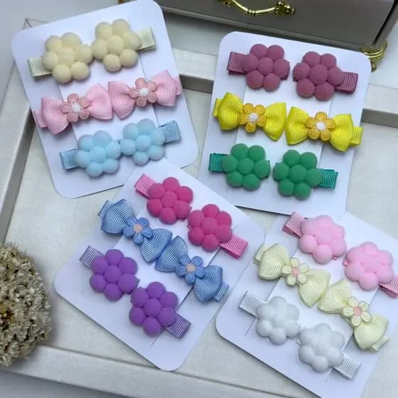 Kit de Presilhas flor pompom Laço Infantil Laços de Bebê Bico de Pato - borrachinha Antideslizante
