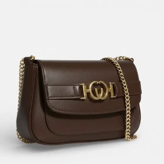 Bolsa de ombro feminina com alça de corrente, Bolsa luxo com detalhes em dourado e bolso externo