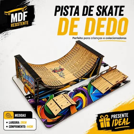 Skate Park De Dedo Pista Com 3 Rampas E Corrimão Em MDF Adesivado