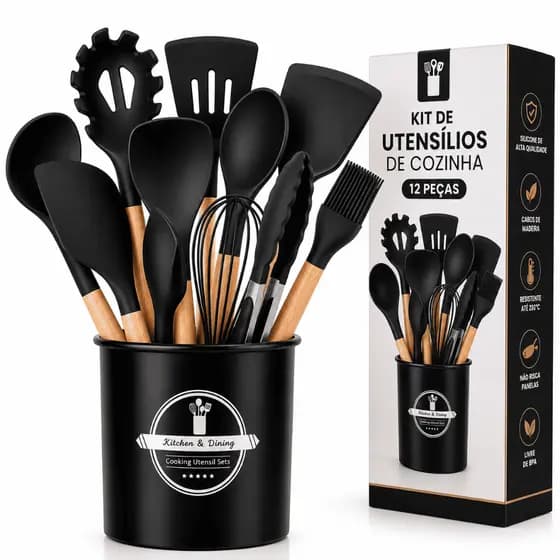 Kit Utensílios de Cozinha Silicone 12 Peças Cabo de Madeira com Suporte Preto