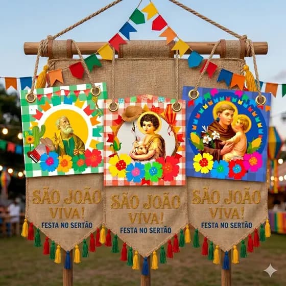 Kit 3 bandeiras de Santos Festa Junina São João / Lona 50cmx50cm