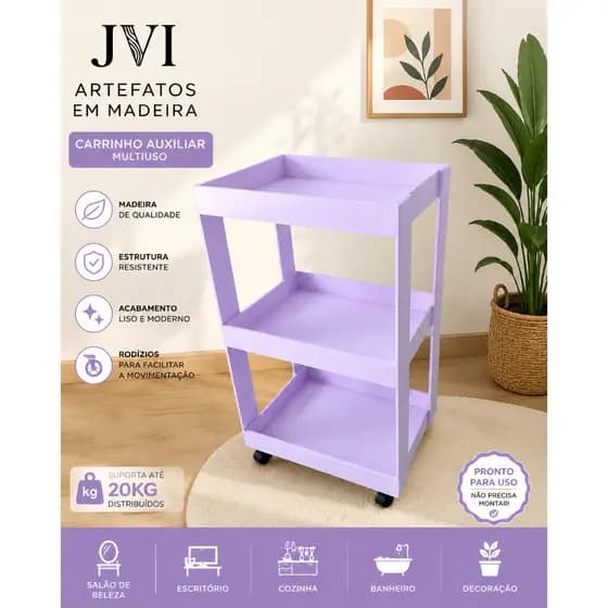 Carrinho Auxiliar Multiuso Prateleiras em Mdf Pintado
