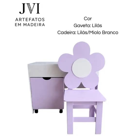 Conjunto Caixa Organizadora c/ uma Gaveta e Uma cadeira Flor Infantil em Mdf