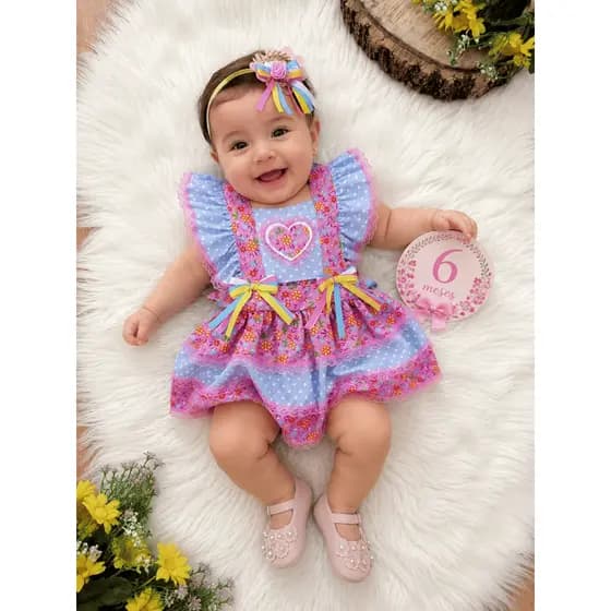 Romper Junino Lilás e Azul Colorido Com Laço de Chapéuzinho