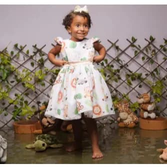 Vestido Infantil Safari Vestido Animais Safari Bege com Dourado