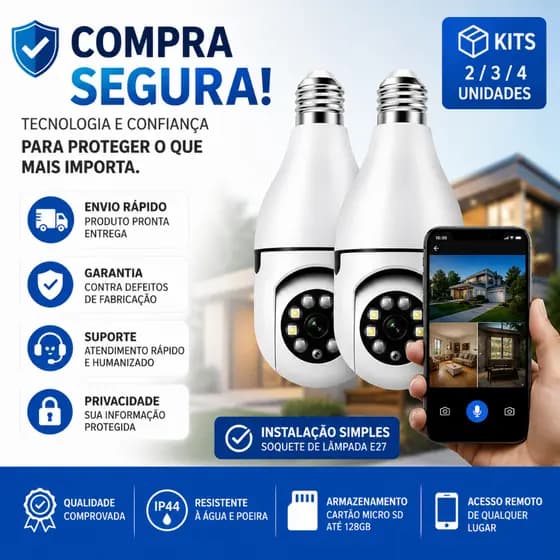 Kit 2 3 4 Câmeras de Segurança WiFi 360° Câmera Lâmpada Full HD Visão Noturna IP Bivolt