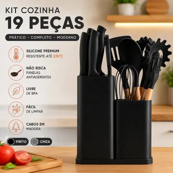 Kit Utensílios de Cozinha Silicone 19 Peças Completo com Facas Tábua Cabo de Madeira Antiaderente