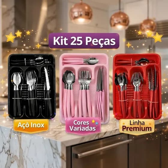 Faqueiro 25 Peças Inox Porta Talher Kit Conjunto Cozinha Suporte Para Gaveta Preto - Vermelho - Rosa