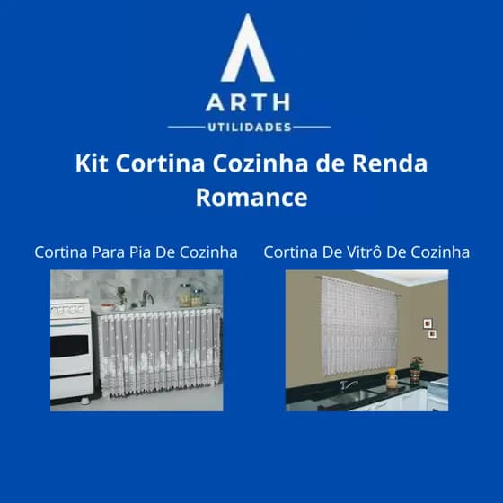 KIT CORTINA COZINHA DE RENDA - ROMANCE - VITRO DE COZINHA E CORTINA PARA PIA DE COZINHA