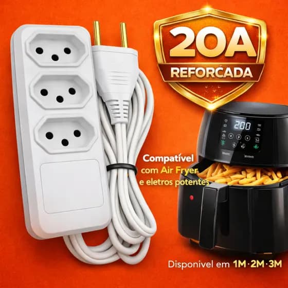 Extensão Elétrica 20A 3 Tomadas Bivolt Reforçada Airfryer / Micro-ondas / Secador 1M 2M 3 Metros