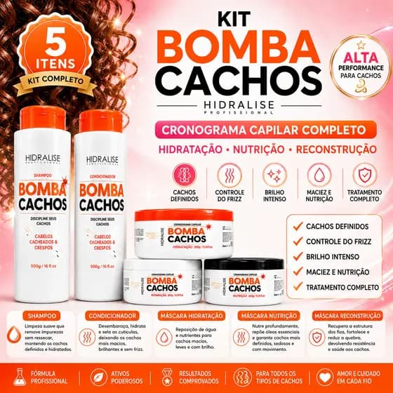 Kit Bomba Cachos Shampoo + Condicionador 500ml + Cronograma Capilar 300g (cada)